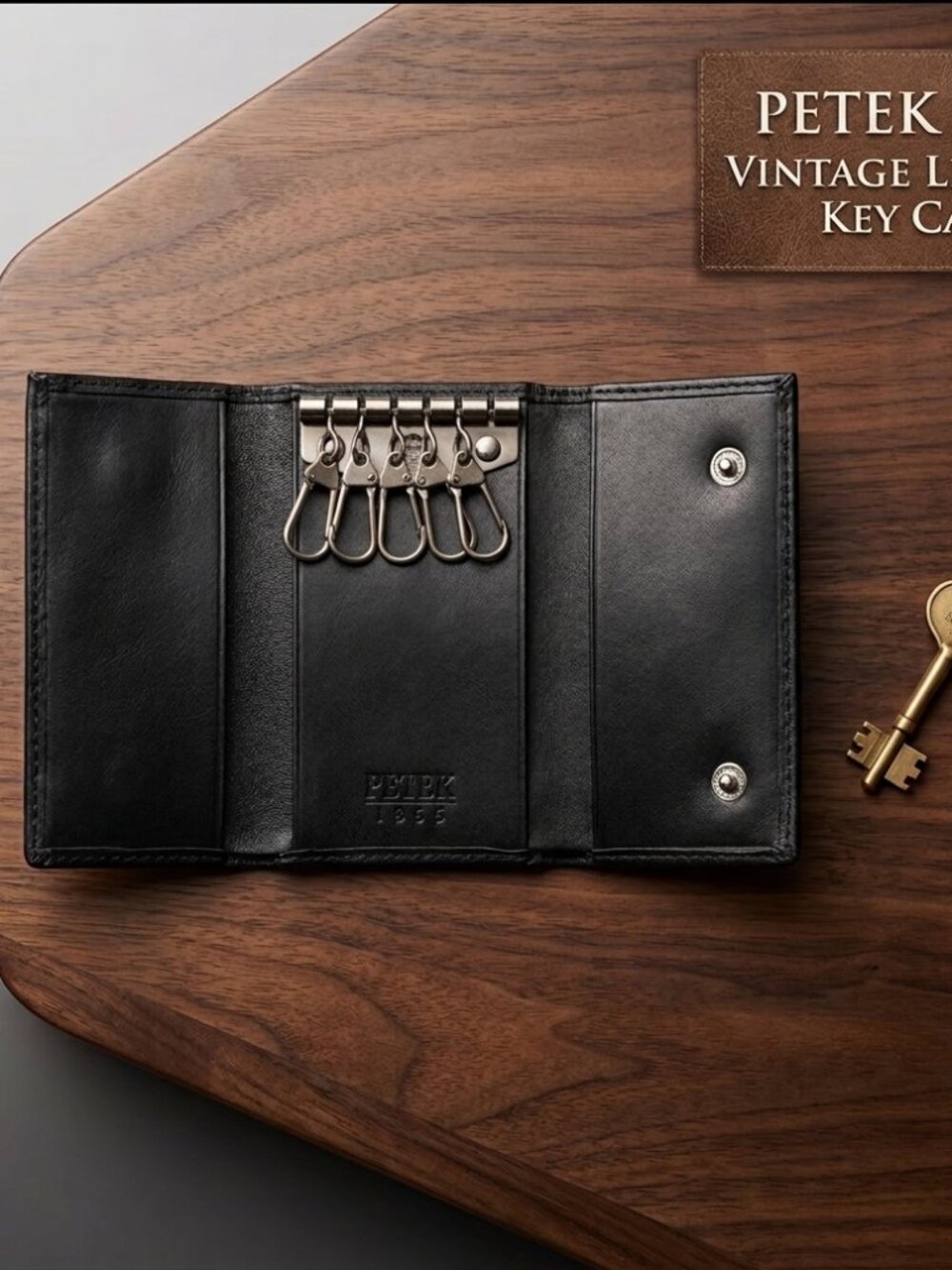 Petek 1855 Black Genuine Leather Men's Key Holder Wallet Coin Purse Trifold
